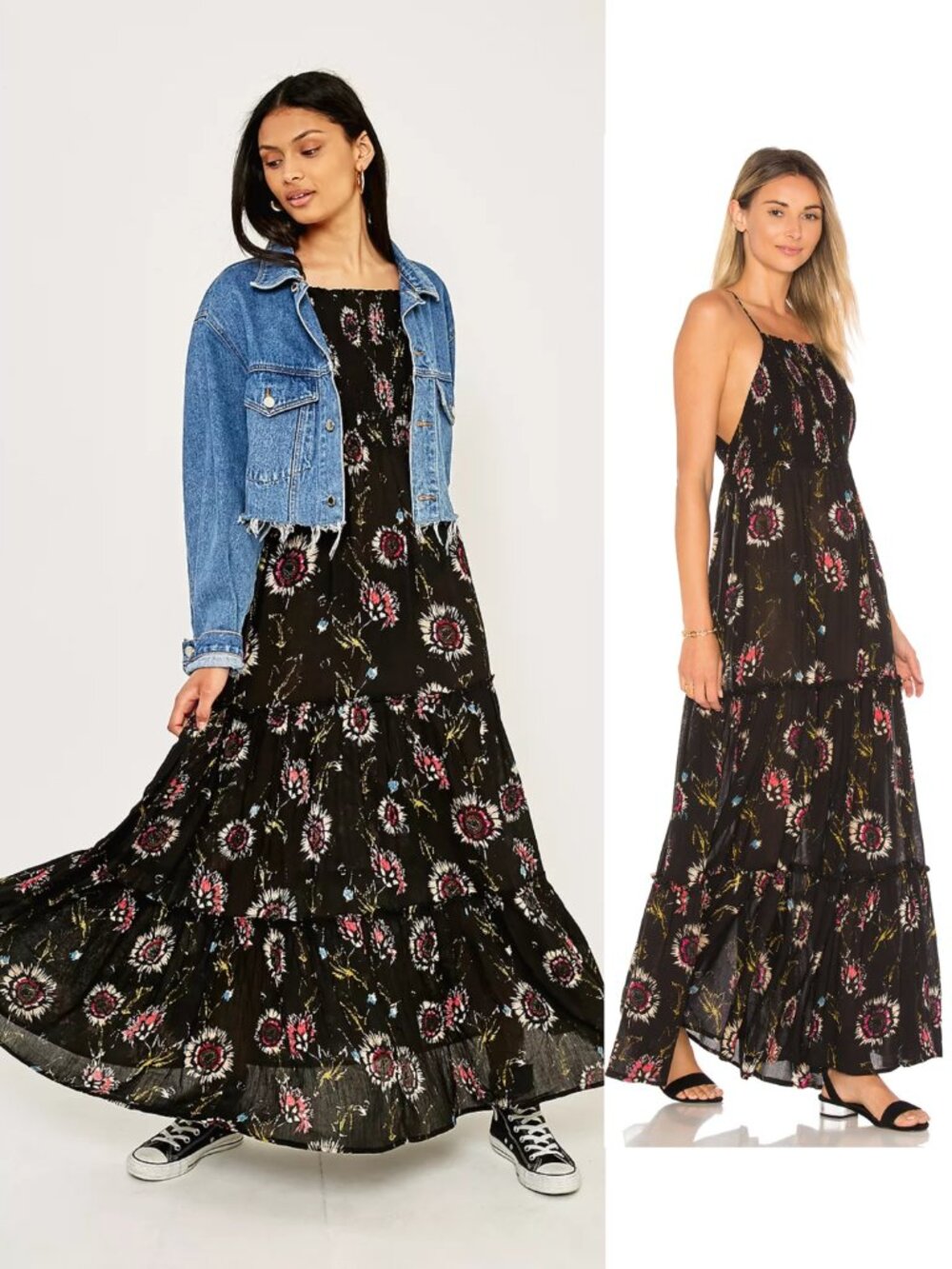 Free People Intimately Garden Party Maxi Dress Tiered Black Floral Boho size M